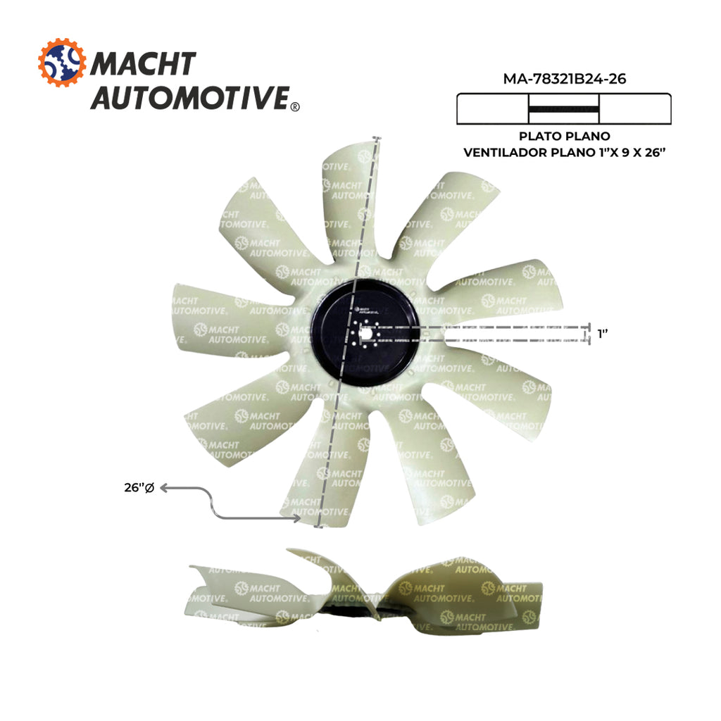 Ventilador Plano 26" 9 Aspas Piloto 1" Cummins 5.9 / CAT C7 MA-78321B24-26