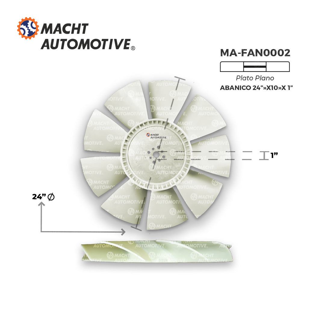 VENTILADOR PLANO 1" DE CENTRO X 9 ASPAS X 24" DE LARGO CUMMINS 5.9 MA-FAN0002