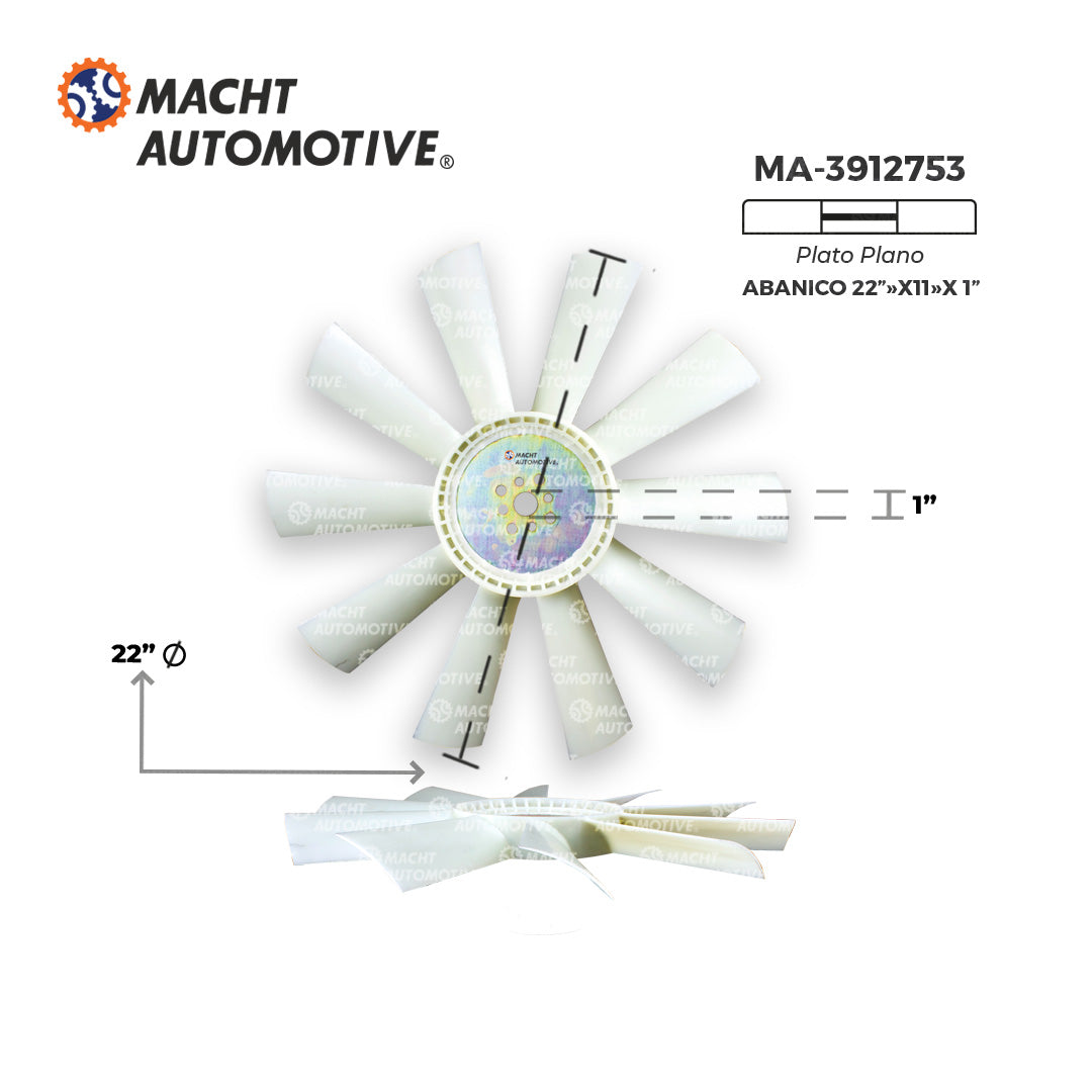 VENTILADOR PLANO 1" DE CENTRO X 10 ASPAS X 22" DE LARGO CUMMINS 6BT 5.9 MA-IZQ3912753